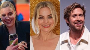Greta Gerwig, Margot Robbie og Ryan Gosling fra Barbie (Film)