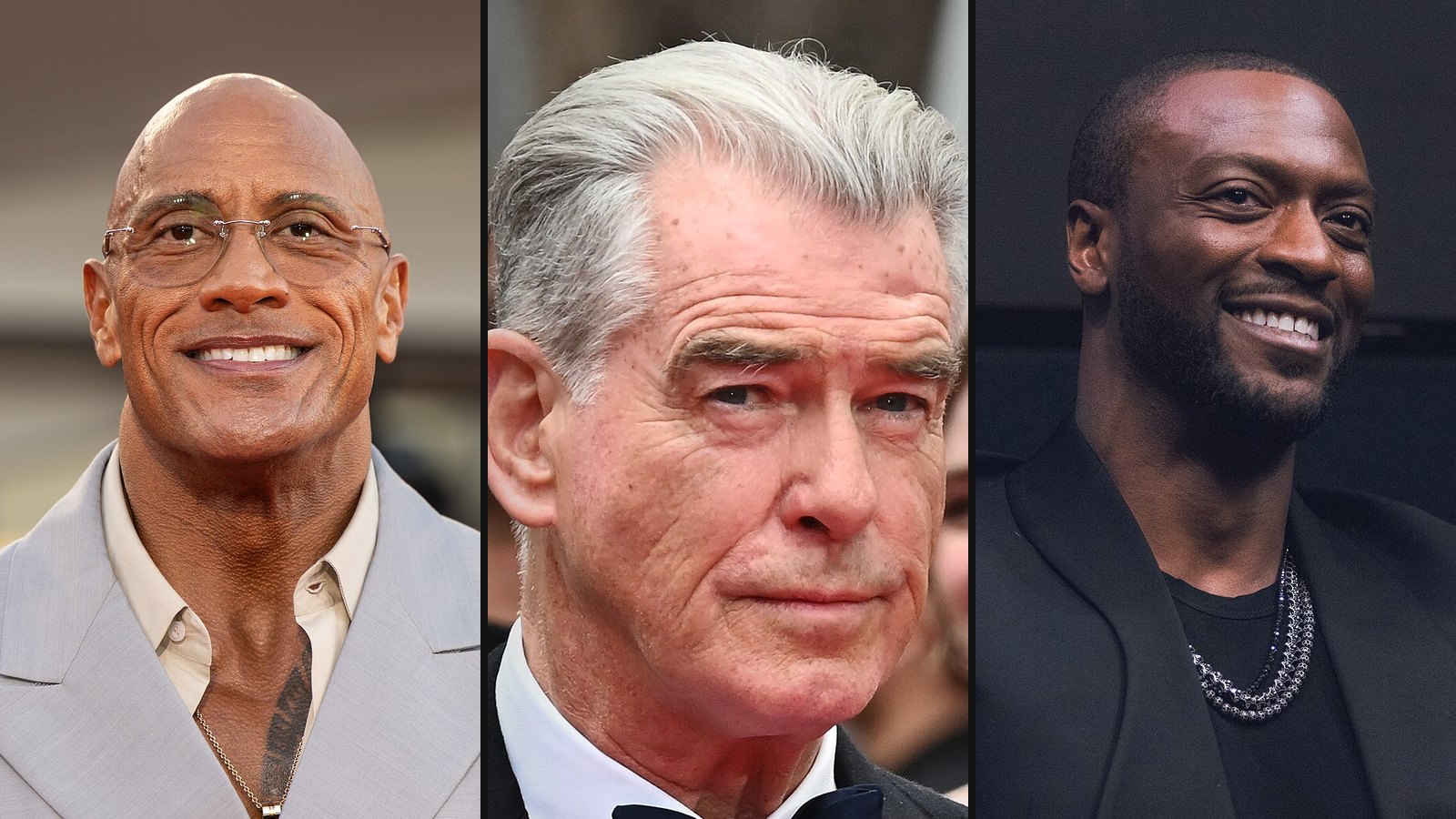 Dwayne Johnson, Pierce Brosnan og Aldis Hodge fra Black Adam