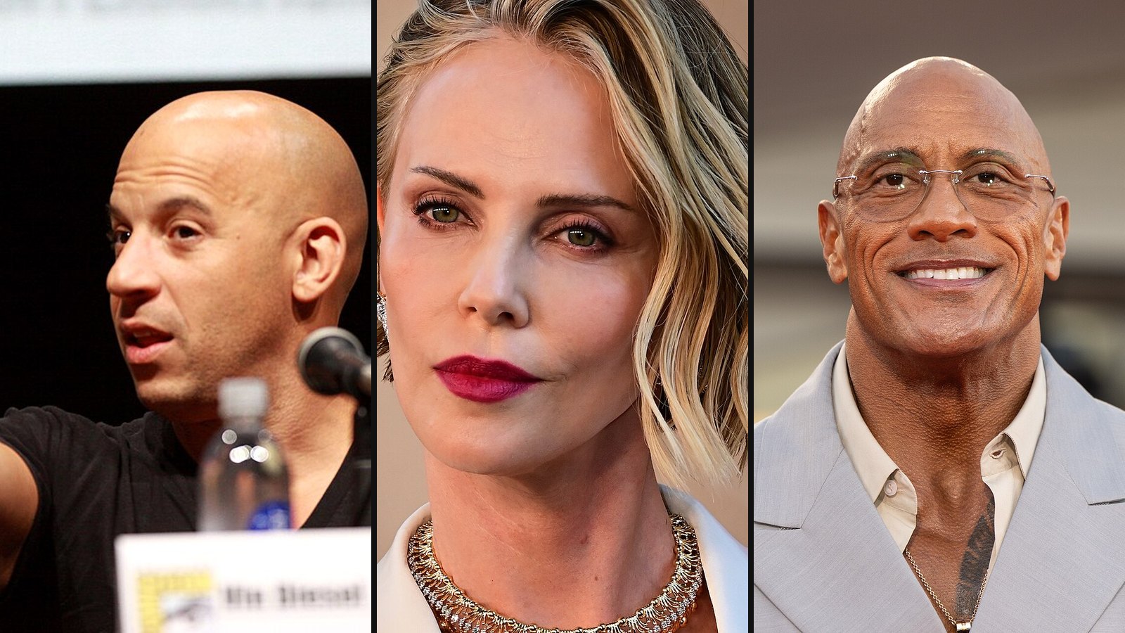 Vin Diesel, Charlize Theron og Dwayne Johnson fra Fast and Furious 8