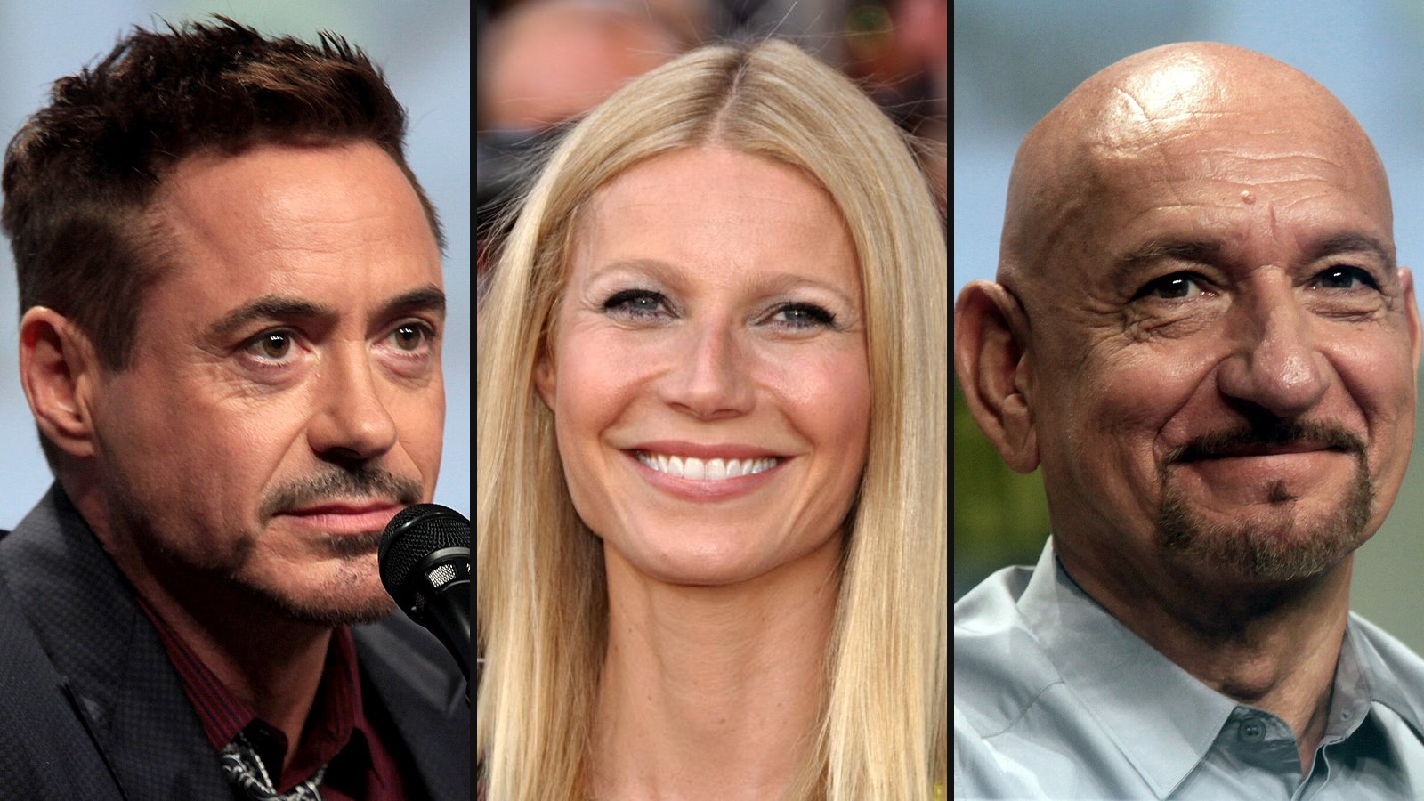 Robert Downey Jr., Gwyneth Paltrow og Ben Kingsley fra Iron Man 3