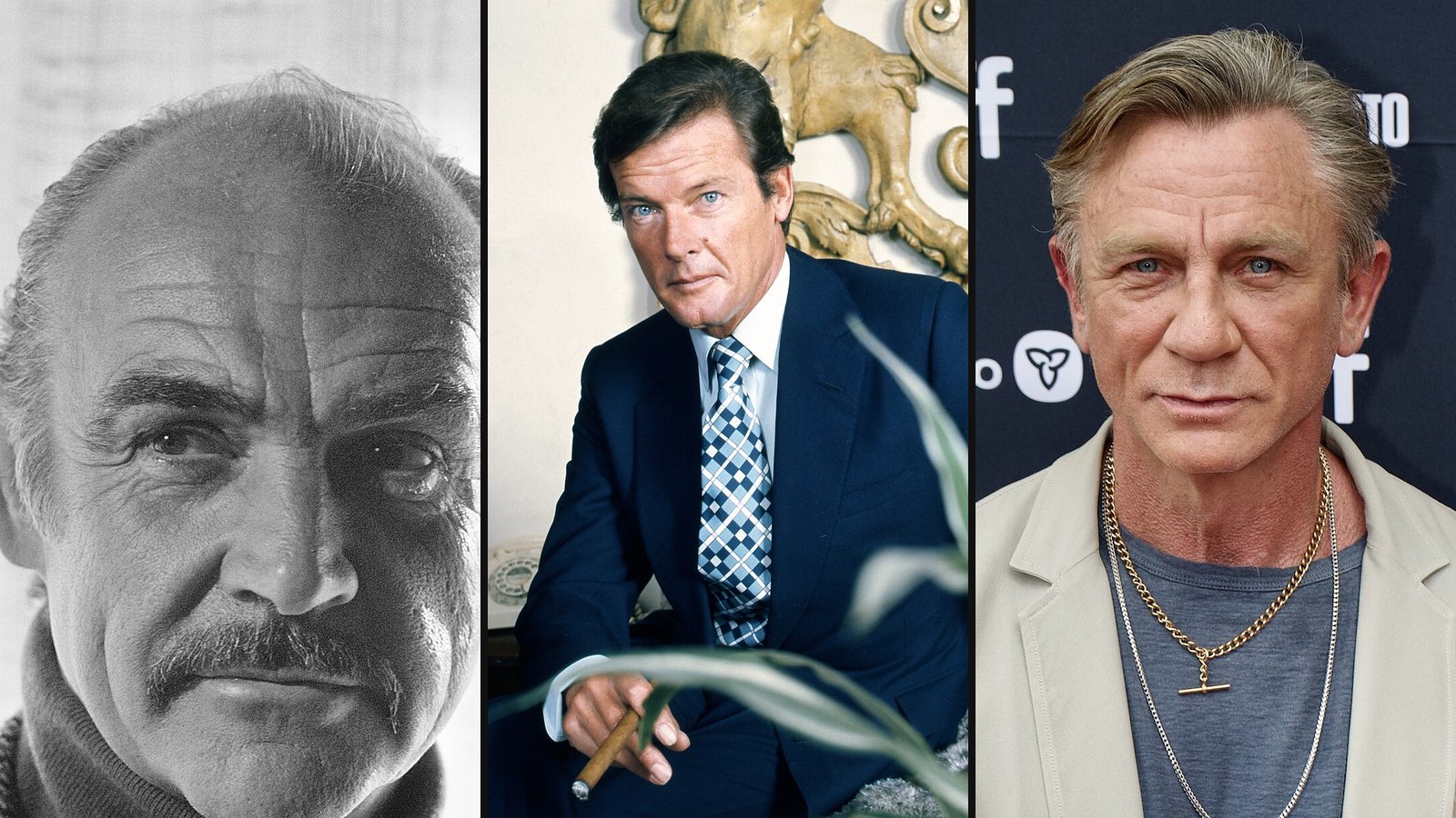 Sean Connery, Roger Moore og Daniel Craig fra James Bond